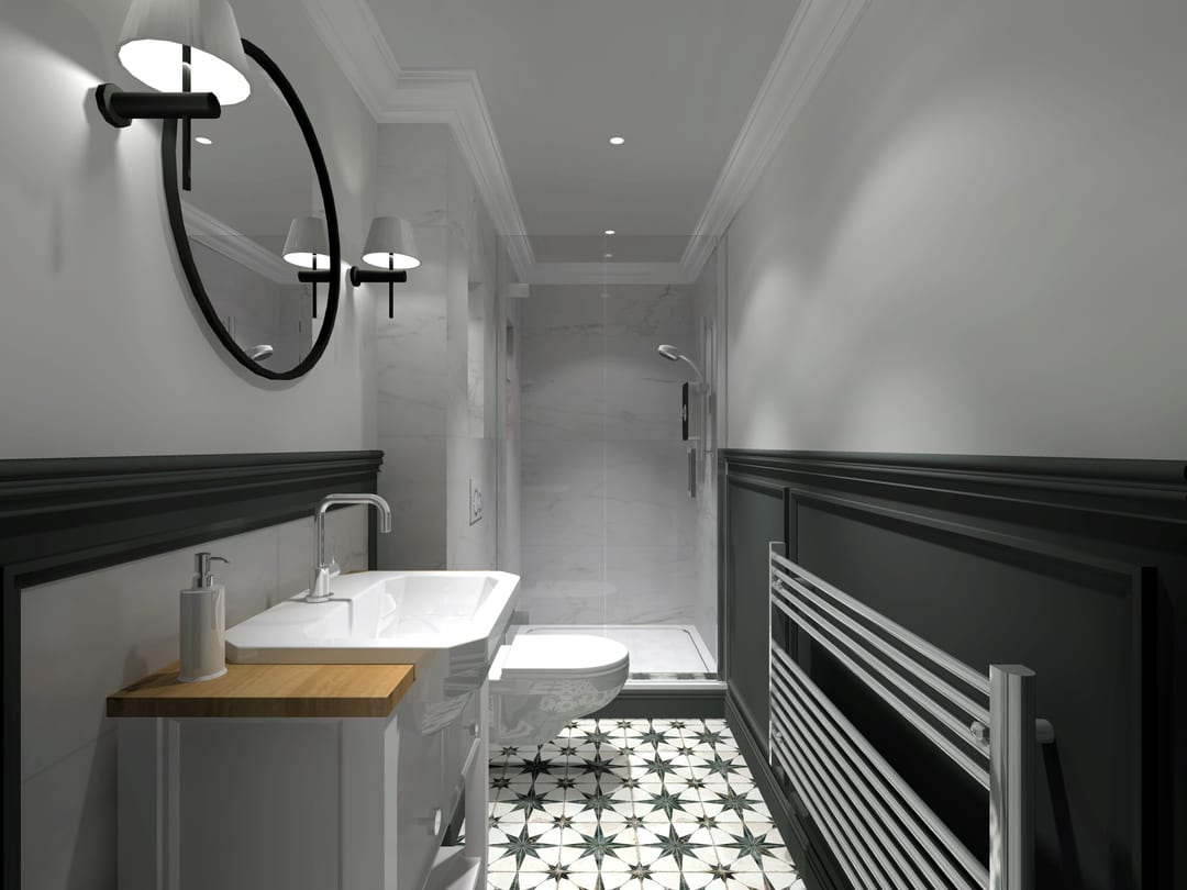 Modern bathroom with a dark vanity, patterned floor and freestanding bath