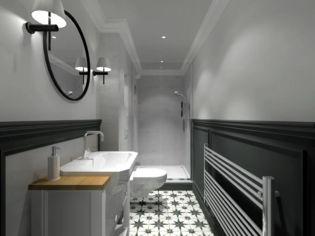 Modern bathroom with a dark vanity, patterned floor and freestanding bath