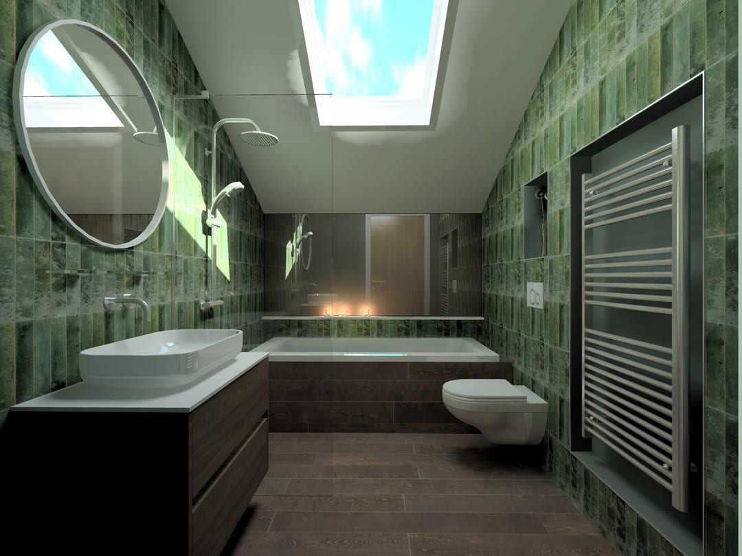 Walk-in shower room with dark tiling and a frameless glass screen