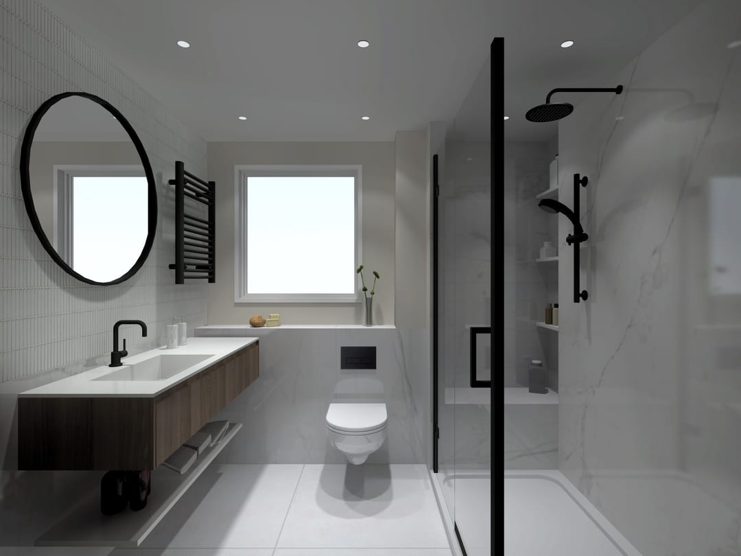 Compact bathroom with a floating vanity, round mirror and walk-in shower