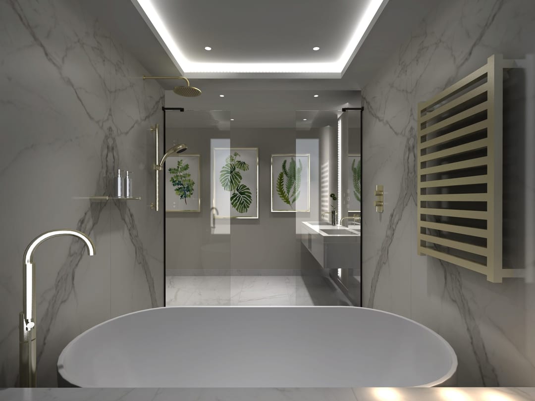 Freestanding bath and walk-in shower in a grey stone bathroom