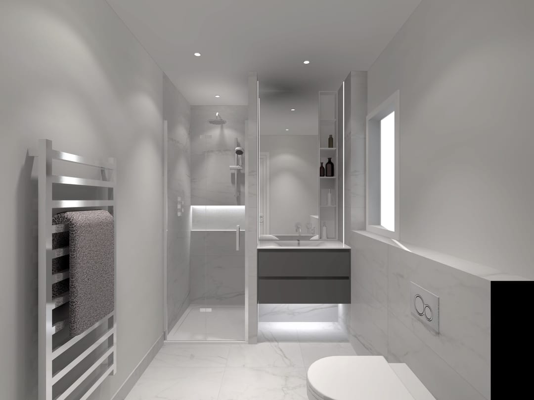 Modern white bathroom with a double vanity and freestanding bath