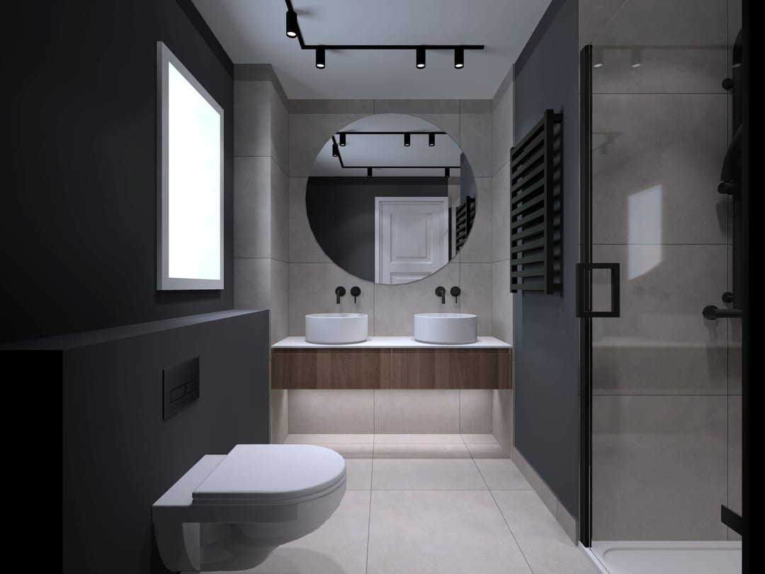 Freestanding bath and walk-in shower in a black and white marble bathroom