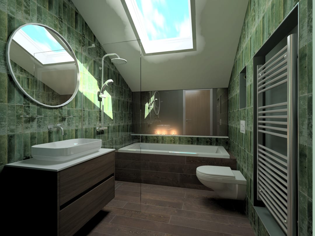 Green marble bathroom with a freestanding bath beneath a skylight