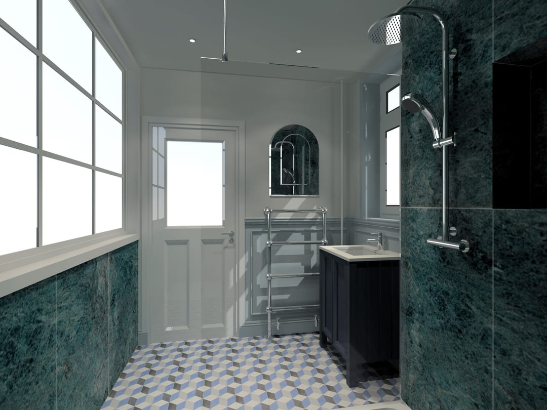 Double vanity and freestanding bath in a green marble bathroom