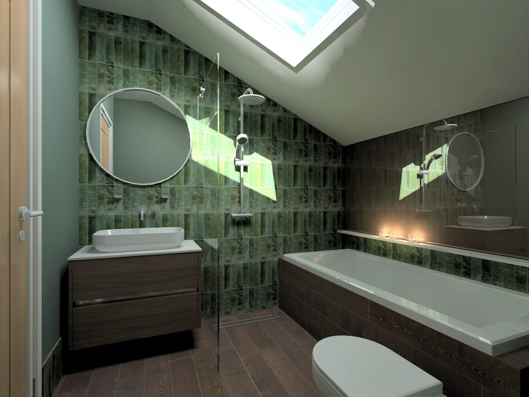 Green mosaic tiled bathroom with a freestanding bath and timber vanity