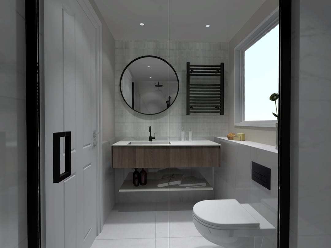Modern bathroom with a freestanding bath and large window