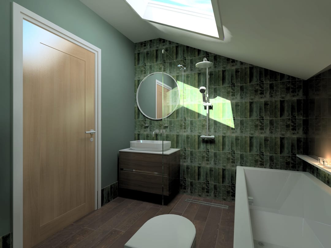 Wet room with tiled walls, a bath and a skylight