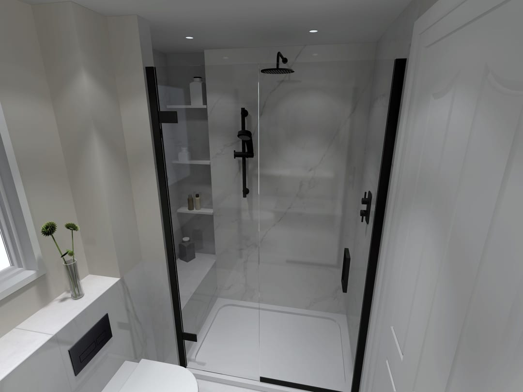 En-suite shower room with marble tiling and a glass enclosure
