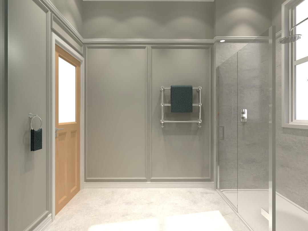 Wet room with a large glass shower enclosure and marble tiling