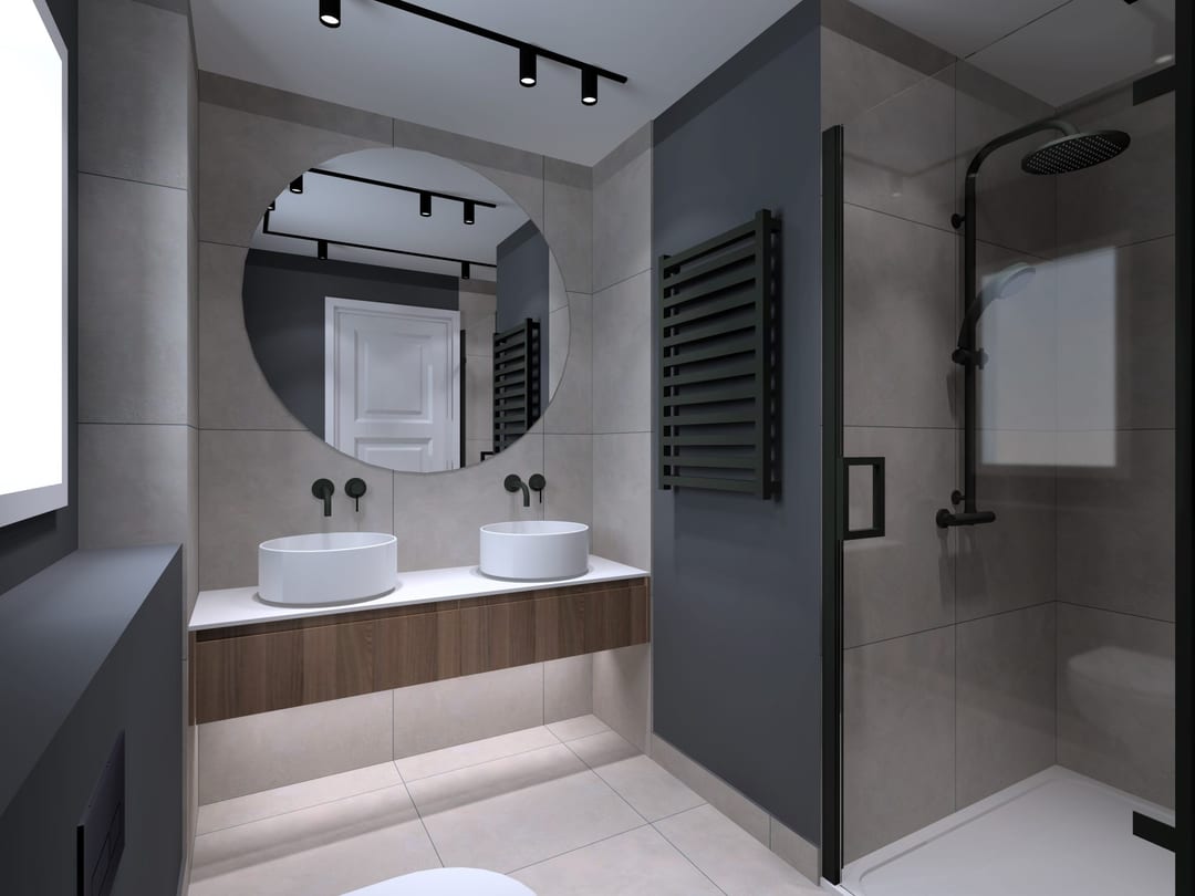 Modern bathroom with a double vanity and dark-framed mirror