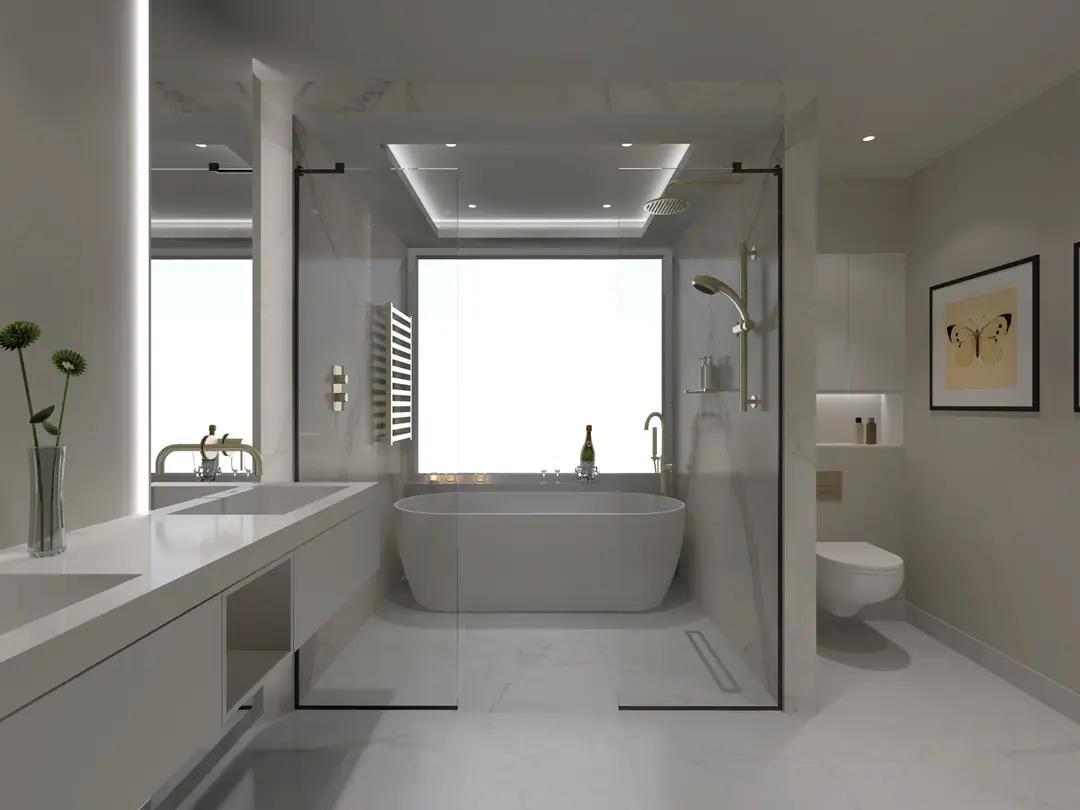 Traditional bathroom with a white bath and large window