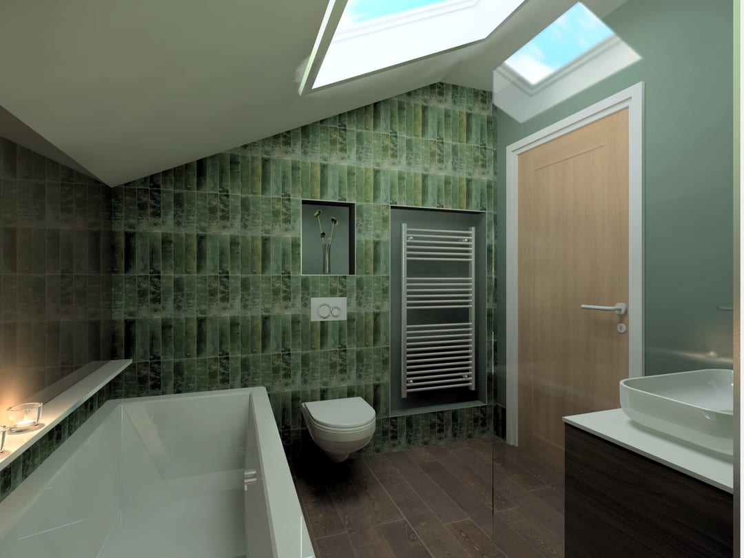 Wet room with green tiling and a walk-in shower