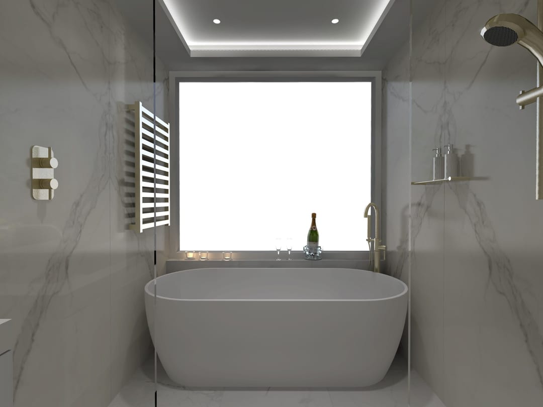 Freestanding bath against dark marble tiling with a large window