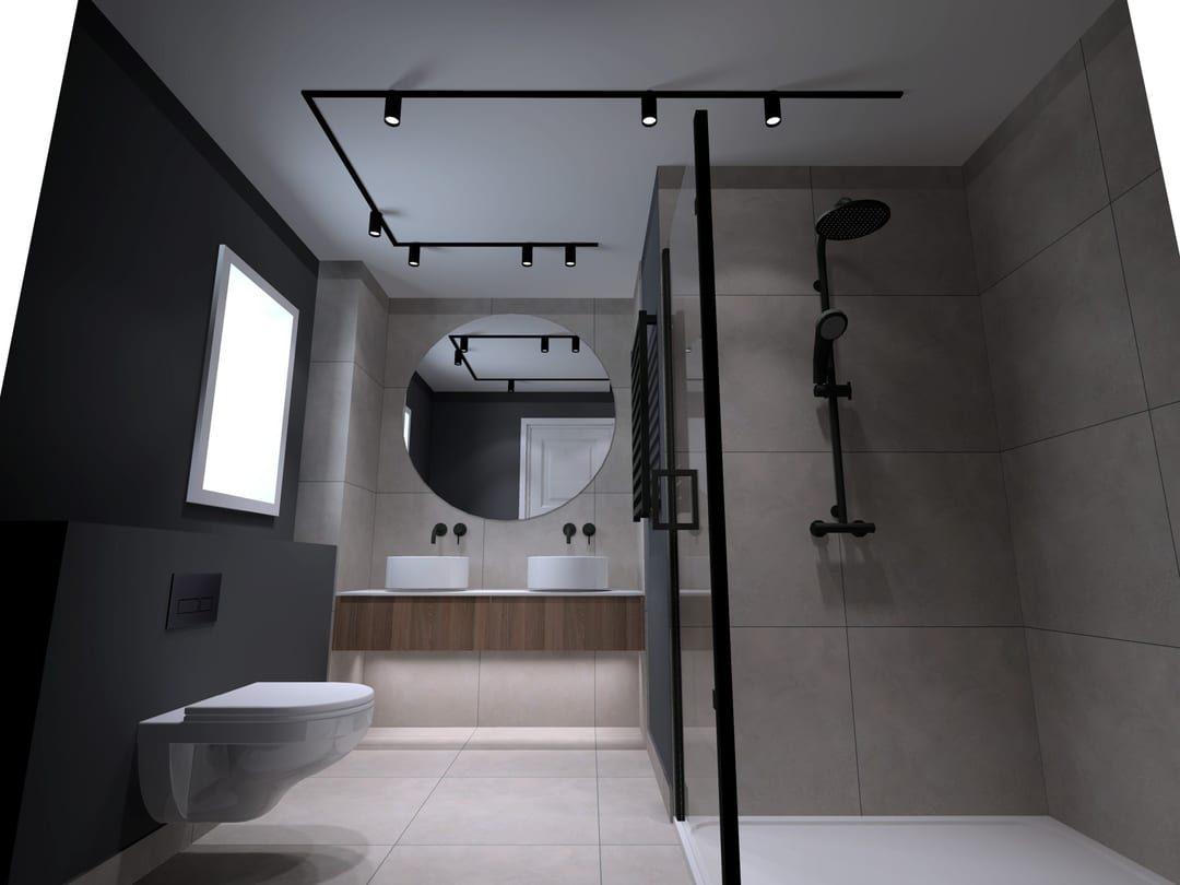 Wet room with a dark tiled walk-in shower