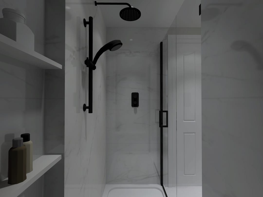Minimal wet room with a black-framed shower enclosure