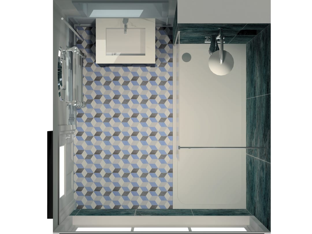 Modern bathroom with patterned floor tiles and a walk-in shower