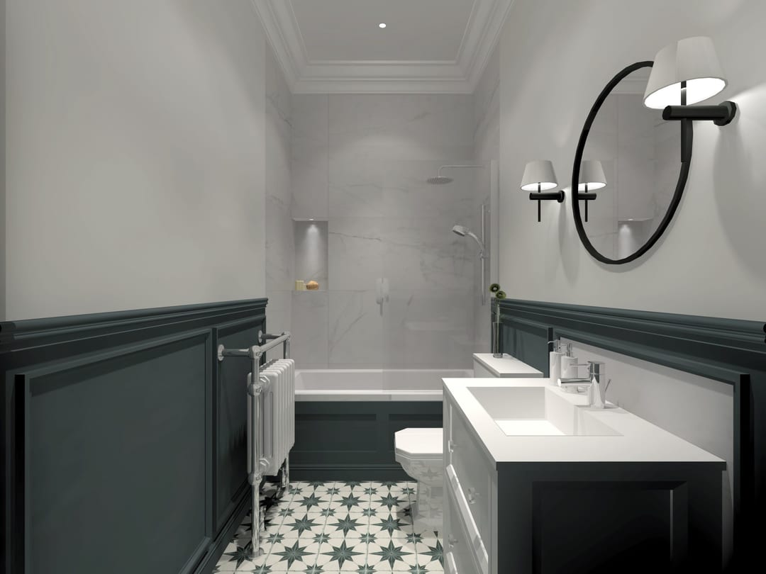 Traditional bathroom with a dark vanity, white bath and patterned floor