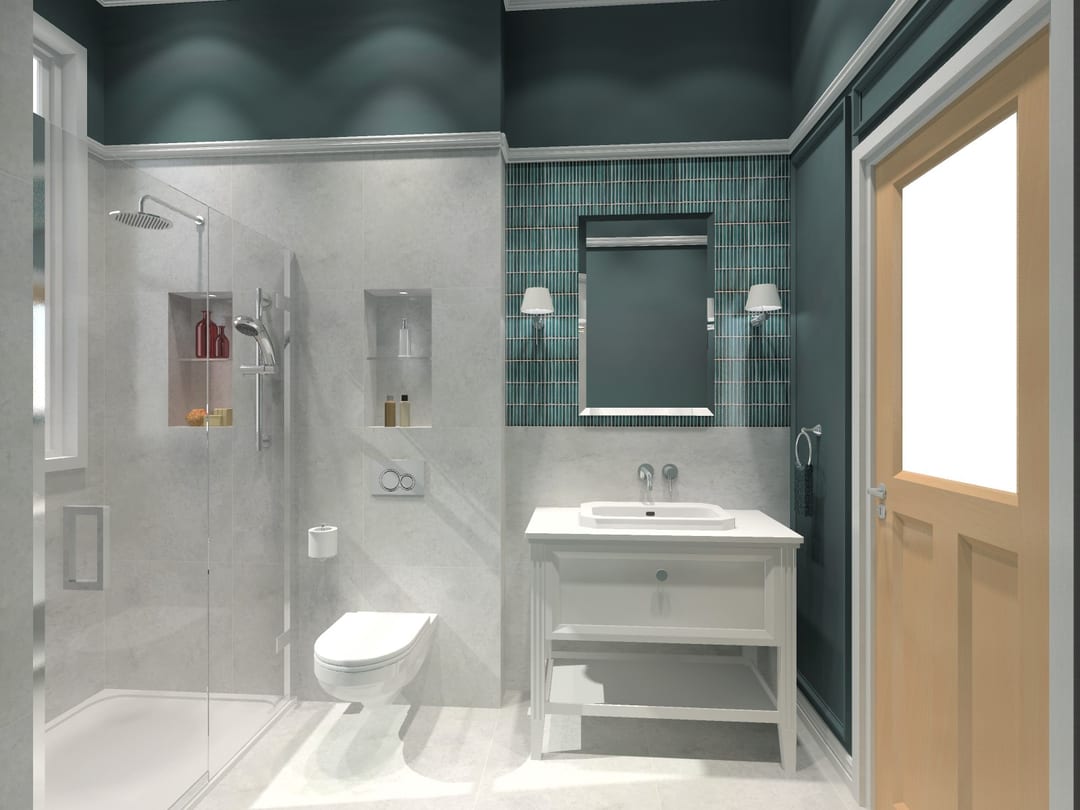 Traditional bathroom with teal walls and a classic vanity