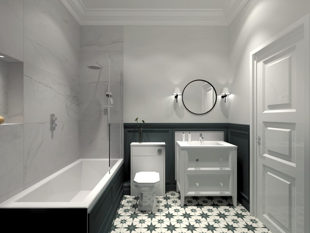 Traditional bathroom with a dark vanity, white bath and patterned floor