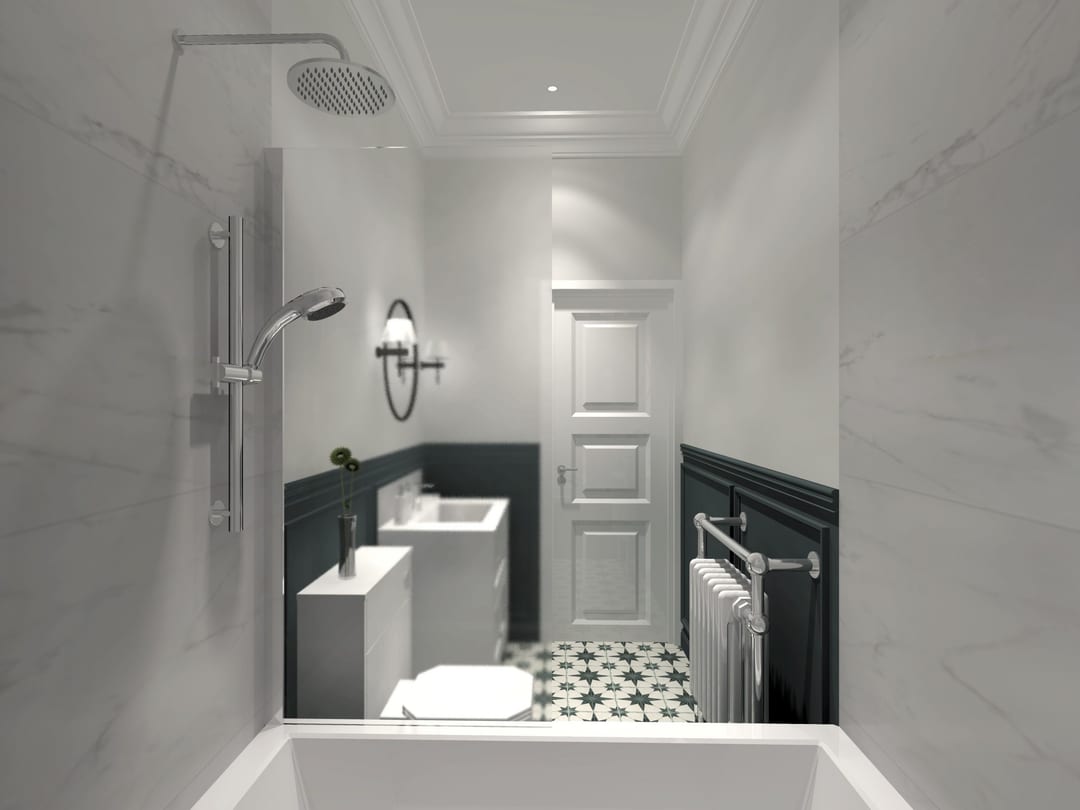 Modern bathroom with a white bath and soft grey walls