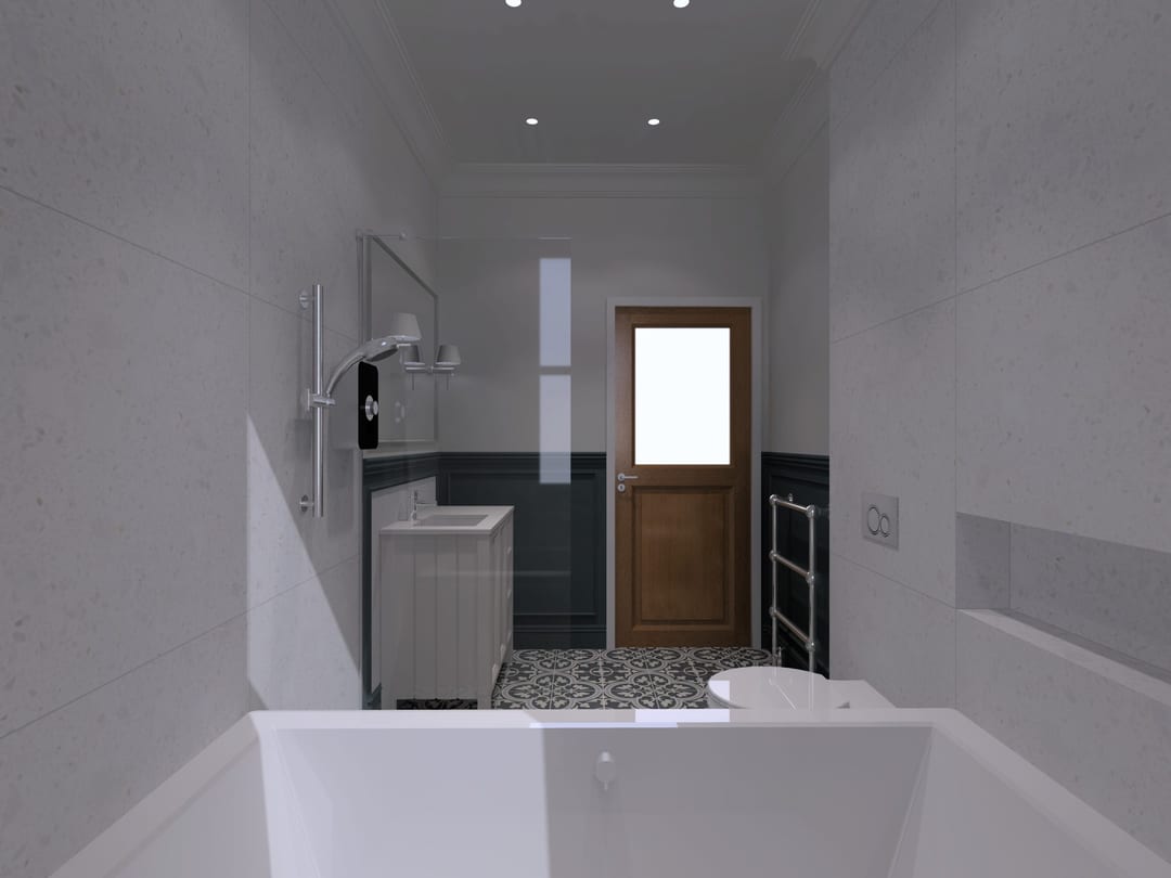 Compact bathroom with a white bath, grey tiling and a wall-hung basin