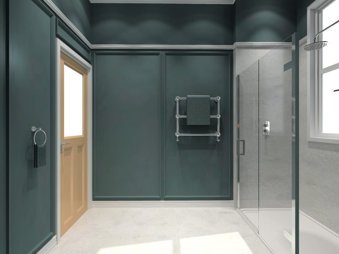 En-suite shower room with green tiling and a glass shower